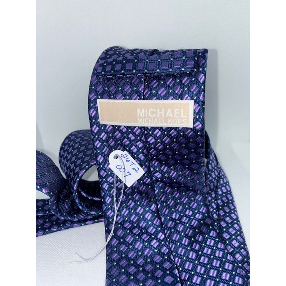 Michael Kors Mens Purple Navy Blue Geometric Square Silk Necktie Accessory - Picture 4 of 7